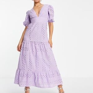 ASOS DESIGN plunge broderie tiered midi dress with button neck in lilac